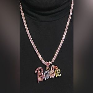 Womens Gold Barbie Charm & Tennis Chain Iced Out Pink Diamond Simulant Necklace